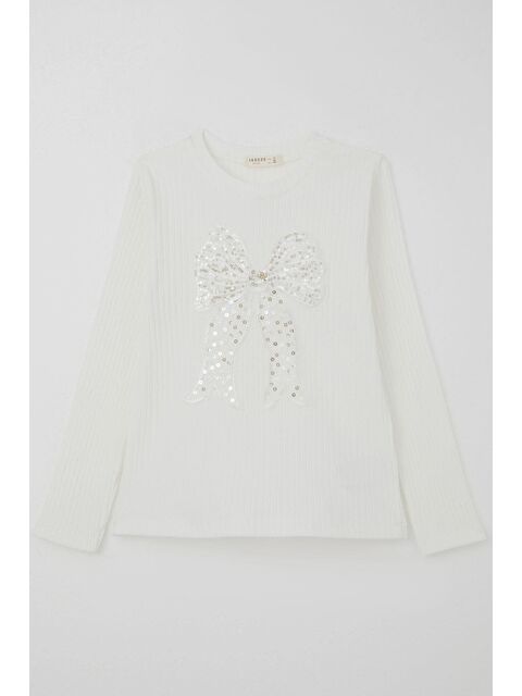 Breeze Kız Çocuk Uzun Kollu Tişört Tül Fiyonk Armalı Pullu Ekru (9-14 Yaş) - S000503990-19965