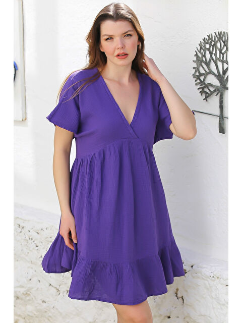 Chiccy Mor Kruvaze Yaka Kısa Kol Yıkamalı Etek Ucu Fırfırlı Casual Müslin Dokuma Elbise 95 51 - S000367612-20042