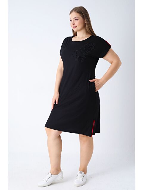 Intensive Kadın Siyah Kısa Kollu Cepli Biye Ve Nakış Detaylı Elastanlı Büyük Beden Elbise - S000421488-19351