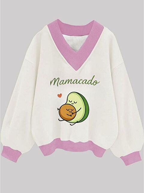 Trendseninle Beyaz V Yaka Mamacado Baskılı Oversize Sweatshirt - S000527444-20063