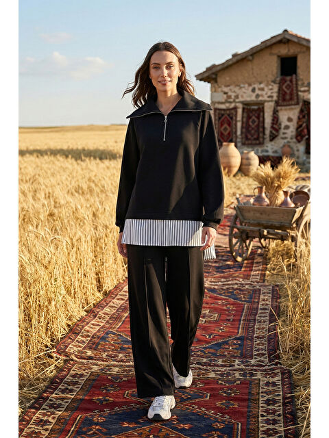 Nuss Yarım Fermuar ve Gömlek Detay Tunik Pantolon Takım 1075 Siyah