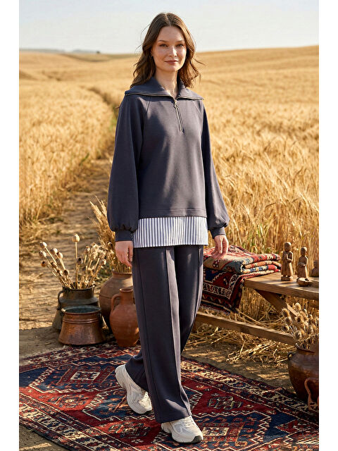 Nuss Yarım Fermuar ve Gömlek Detay Tunik Pantolon Takım 1075 Lacivert