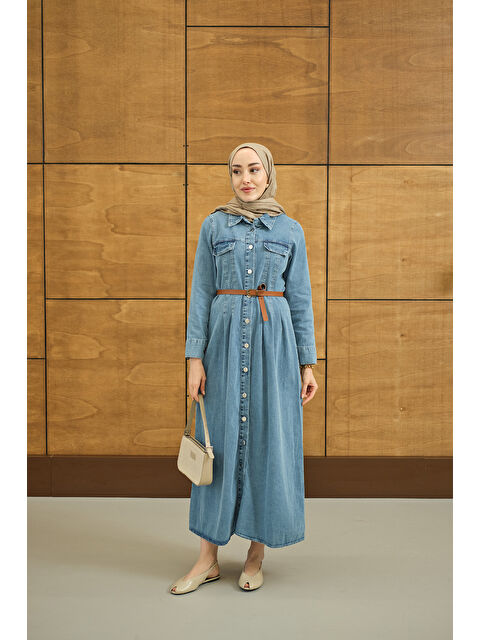 Locco Moda Kadın Çift Cep Detaylı Boydan Düğmeli Jean Elbise Buz Mavi