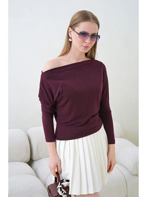 carla10 Kadın Kayık Yaka Yarasa Kol Elastanlı Penye Bluz - S000498026-19951