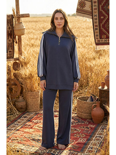 Nuss Şerit Detay Tunik Pantolon Takım 1093 Lacivert