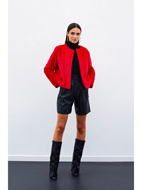 SATEEN Yakasız Pelüş Ceket - Kırmızı - S000323599-20045