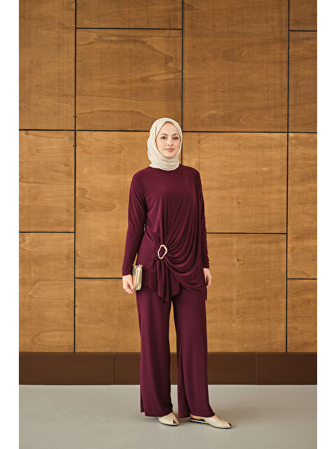 Locco Moda Kadın Ön Bağlamalı Süs Detay Takım Mürdüm