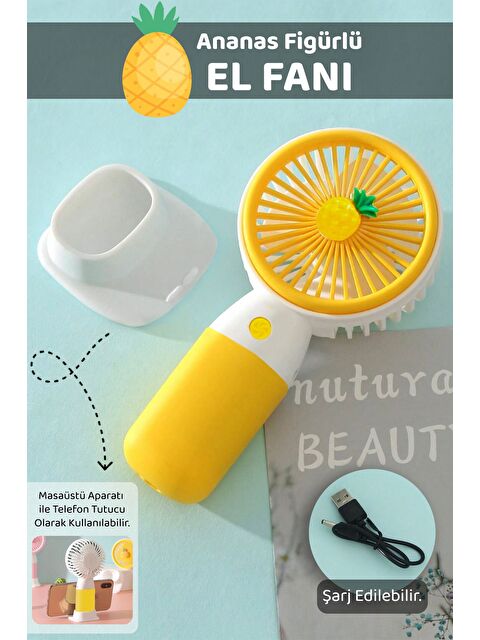 Meleni Home Ananas Figürlü Şarjlı El Fanı - Standlı Taşınabilir Şarj Edilebilir Soğutucu Mini Masa Fanı Sarı - S000398375-20072