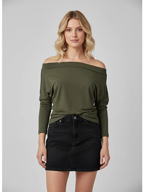 carla10 Kadın Kayık Yaka Yarasa Kol Elastanlı Penye Bluz - S000498026-18547