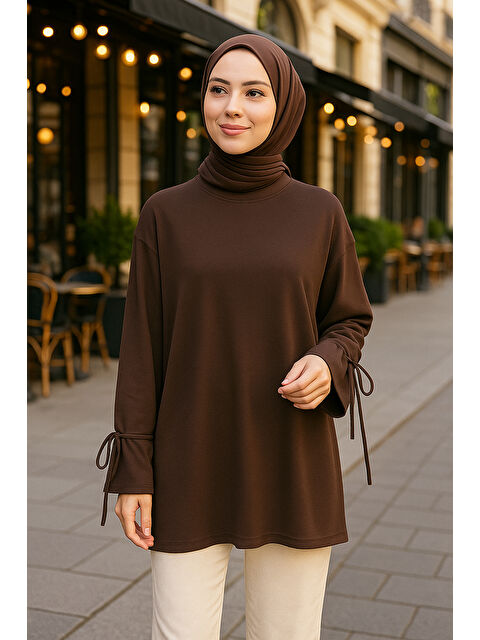 Remsa Manşeti ve Beli Bağcık Detay Sweat Tunik 3066 Kahve - S000485791-19413
