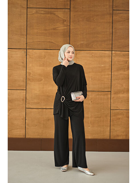 Locco Moda Kadın Ön Bağlamalı Süs Detay Takım Siyah