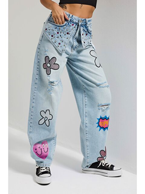 It's Basic Kadın Ice T-12s6-3 Skater Fit Nakış Desenli Özel Tasarım Denim Jean