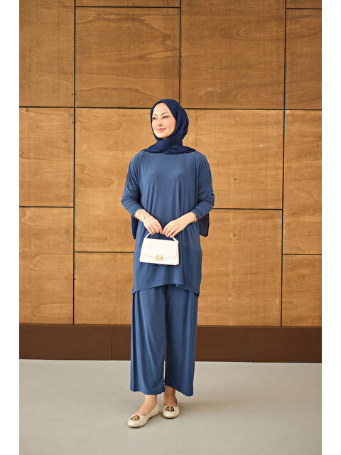 Locco Moda Kadın Dikiş Detay Yırtmaçlı Takım İndigo Mavi