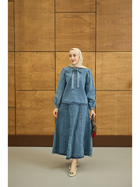 Locco Moda Kadın Yaka Bağlamalı Etekli Jean Takım Buz Mavi - S000527449-3053