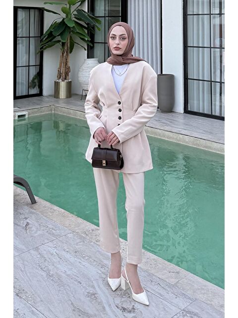 Lamelif Pensli Ceket-Pantolon İkili Takım Taş - S000515433-25636