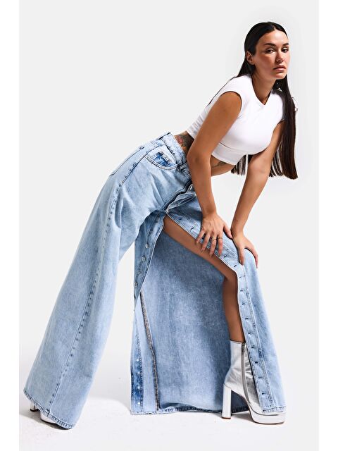 It's Basic Kadın Jean Rengi Palazzo Fit Ful Düğme Yırtmaçlı Özel Tasarım Denim Jean - S000505875-17234