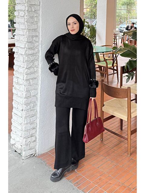 Lamelif Kol Pelüş Detaylı Triko Takım Siyah - S000515423-19351