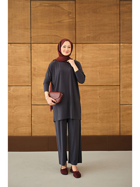 Locco Moda Kadın Dikiş Detay Yırtmaçlı Takım Antrasit