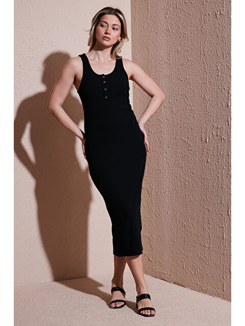 Fashion Friends Slim Fit Yuvalak Yaka Düğmeli Midi Boy Elbise 25Y0375K1 - S000375841-19351