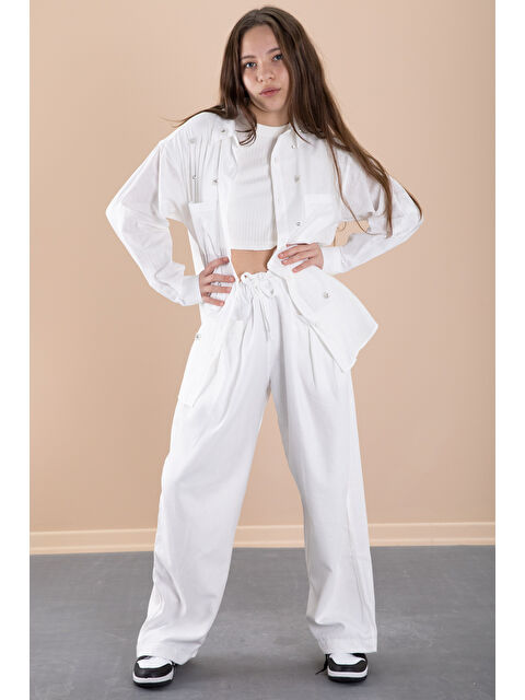 Cansın Mini Beyaz Kız Çocuk Croplu Taşlı Gömlek ve Pantolonlu 3'lü Takım 20468 - S000351151-20063