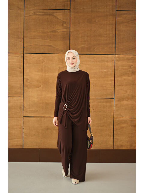 Locco Moda Kadın Ön Bağlamalı Süs Detay Takım Kahverengi - S000529899-19413