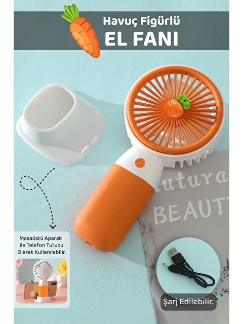 Meleni Home Havuç Figürlü Şarjlı El Fanı - Standlı Taşınabilir Şarj Edilebilir Soğutucu Mini Masa Fanı Turuncu - S000398377-20013