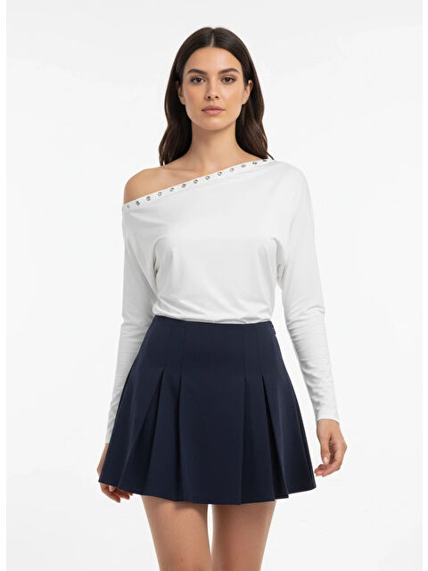 carla10 Kadın Kayık Yaka Yarasa Kol Yakası Troklu Elastanlı Penye Bluz - S000498028-20063