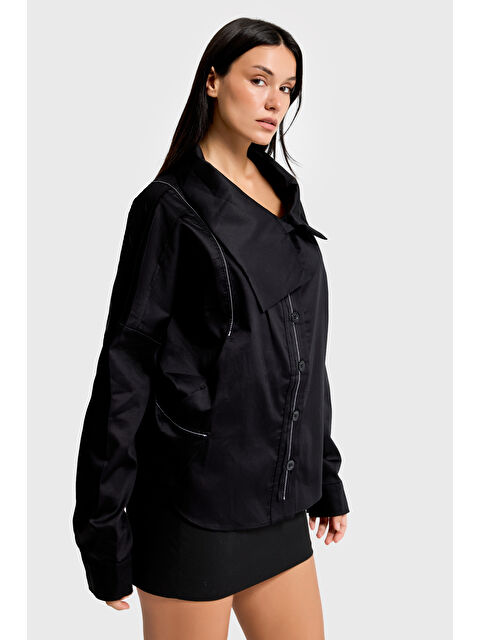 It's Basic Kadın Siyah Renk Oversize Özel Tasarım Gömlek - S000485792-19351