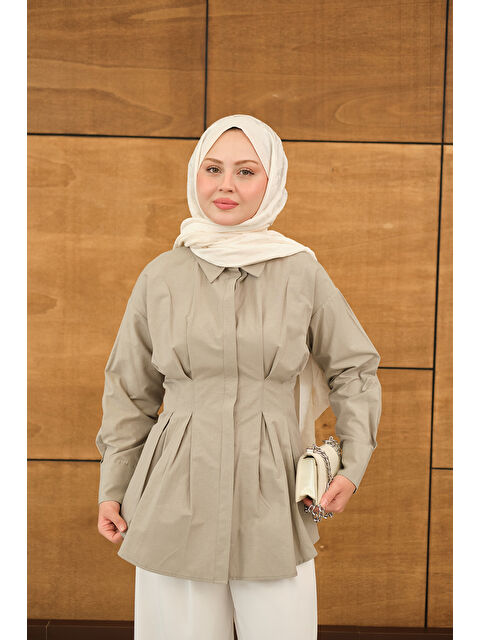 Locco Moda Kadın Beli Pile Detay Gizli Düğmeli Gömlek Küf Yeşil - S000529905-7484