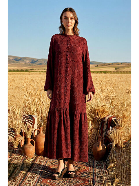 Nuss Güpür ve Jean Detay Uzun Elbise 2026 Mürdüm - S000527453-20036