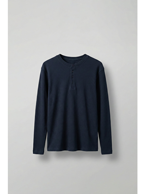 Abluka Online Erkek Oversize Düğmeli Basic Uzun Kollu T-Shirt Lacivert - S000506332-21164