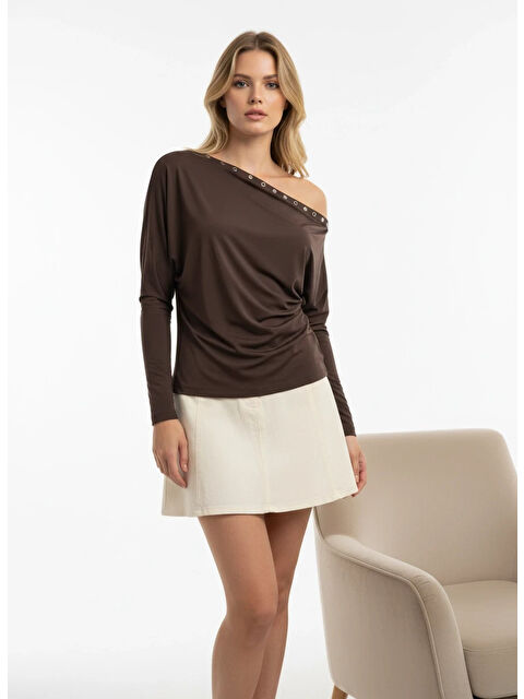 carla10 Kadın Kayık Yaka Yarasa Kol Yakası Troklu Elastanlı Penye Bluz - S000498028-19413