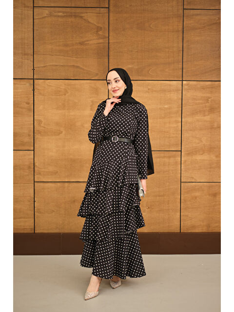 Locco Moda Kadın Puantiyeli Kat Kat Kemerli Elbise Siyah - S000529906-19351