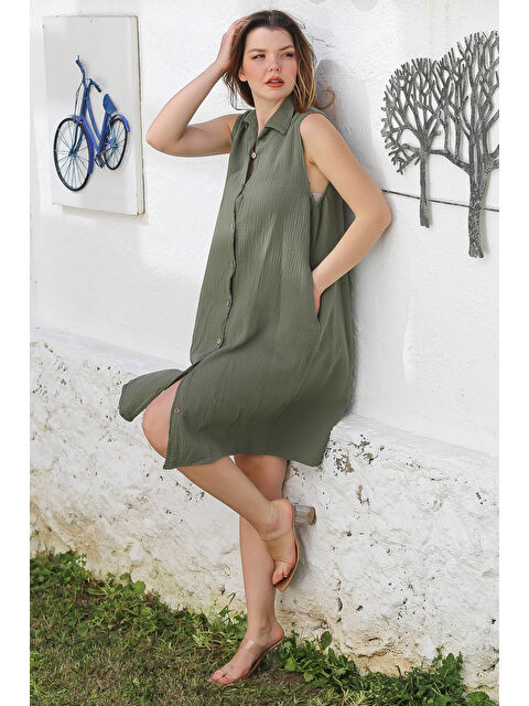 Chiccy Haki Gömlek Yaka Kolsuz Düğmeli Cepli Yıkamalı Casual Müslin Dokuma Elbise 105 60 - S000367616-18547