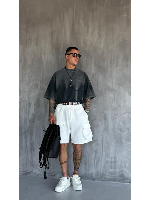 Abluka Online Erkek Beli Lastikli Kargo Cepli Oversize Şort Beyaz - S000388776-20063