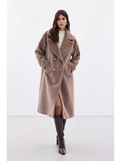 SATEEN Düğme Detaylı Uzun Kaban - Vizon - S000464650-26429