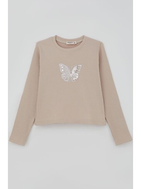 Breeze Kız Çocuk Uzun Kollu Tişört Kelebek Arma Detaylı Pullu İncili Bej (8-14 Yaş) - S000490144-19928