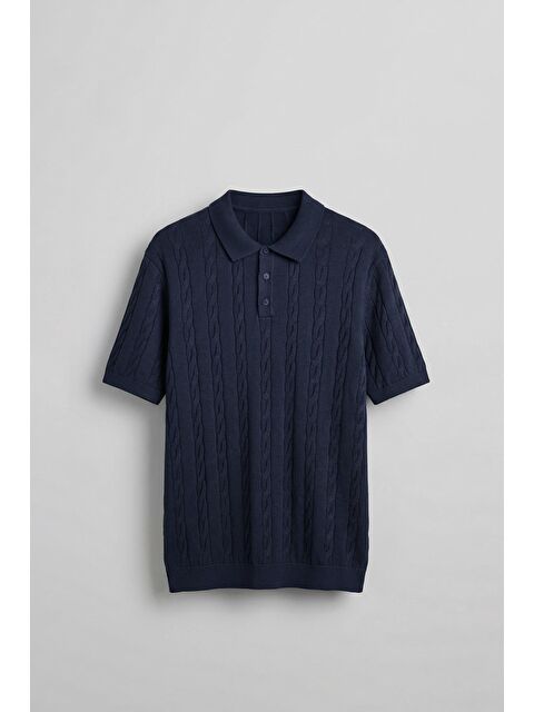 Abluka Online Erkek Regular Fit Saç Örgü Pamuklu Triko Polo Yaka T-Shirt Lacivert