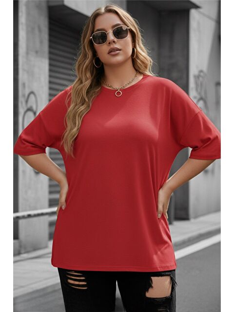 Oksit Mily Kadın Büyük Beden Battal Basic Bisiklet Yaka Pamuklu T-Shirt Rahat Kesim Unisex Sevgili Kombini - S000503992-20045