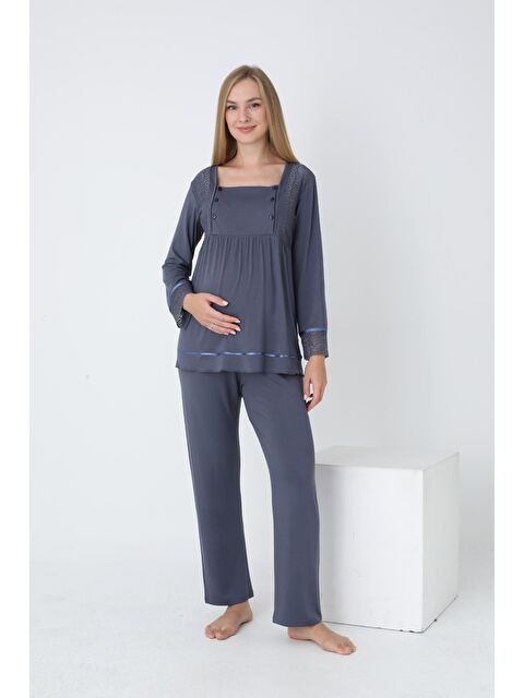 MİSS DÜNYA LİSSA Uzun Kol Füme Hamile ve Lohusa Pijama Takımı - S000436289-33408