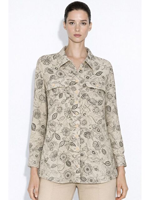 Mizalle Siyah Çiçek Desenli Keten Katışımlı Ekru Tunik - S000511184-19965
