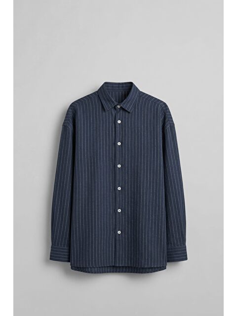 Abluka Online Erkek Oversize Çizgili Keten Karışımlı Uzun Kollu Gömlek Lacivert