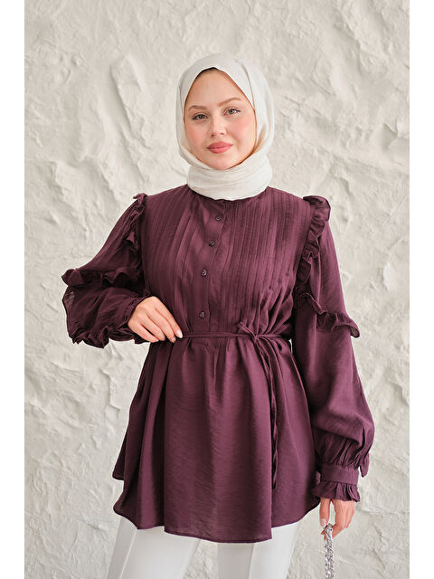 Locco Moda Kadın Kolları Nervurlu Önü Pileli Gömlek Mor