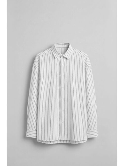 Abluka Online Erkek Oversize Çizgili Keten Karışımlı Uzun Kollu Gömlek Beyaz