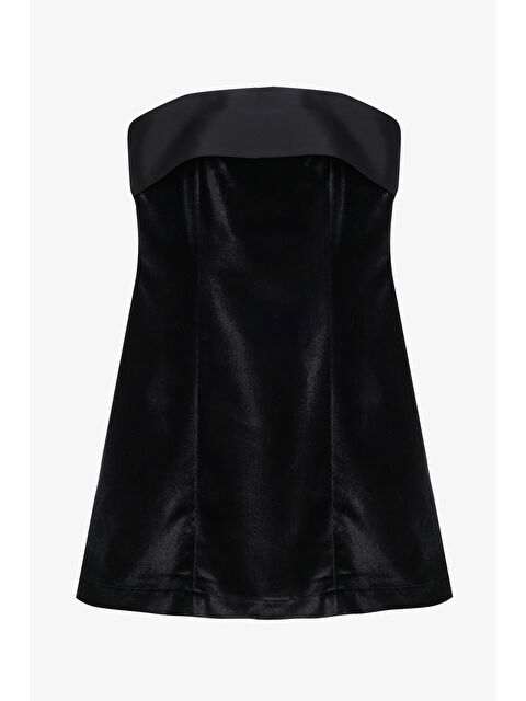 QUZU Saten Bantlı Kadife Straplez Mini Elbise Siyah - S000473354-19351