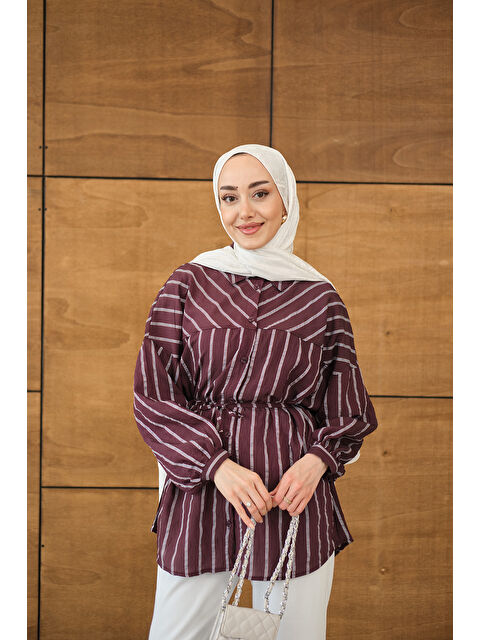 Locco Moda Kadın Çizgi Detaylı Salaş Gömlek Mürdüm