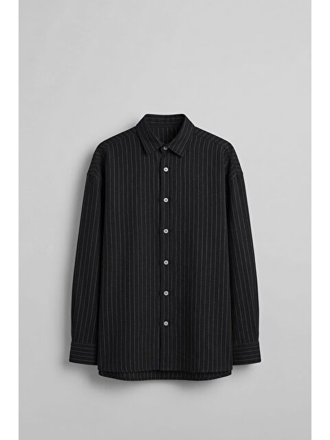 Abluka Online Erkek Oversize Çizgili Keten Karışımlı Uzun Kollu Gömlek Siyah