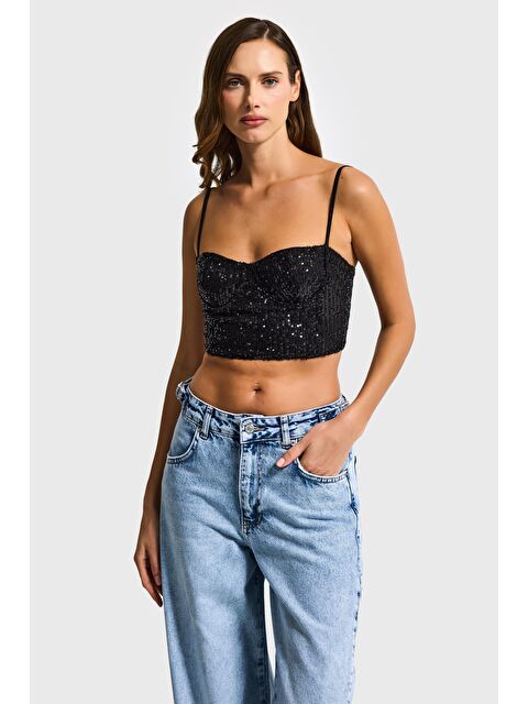 It's Basic Kadın Siyah Renk Pul Payet Detaylı Askılı Büstiyer - S000498034-19351