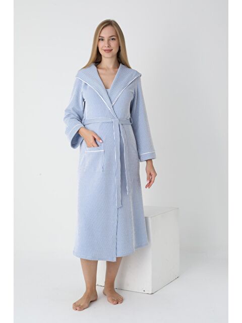 MİSS DÜNYA LİSSA Bebe Mavisi Beyaz Kapüşonlu Hamile ve Lohusa Çizgili Uzun Sabahlık - S000497487-37192