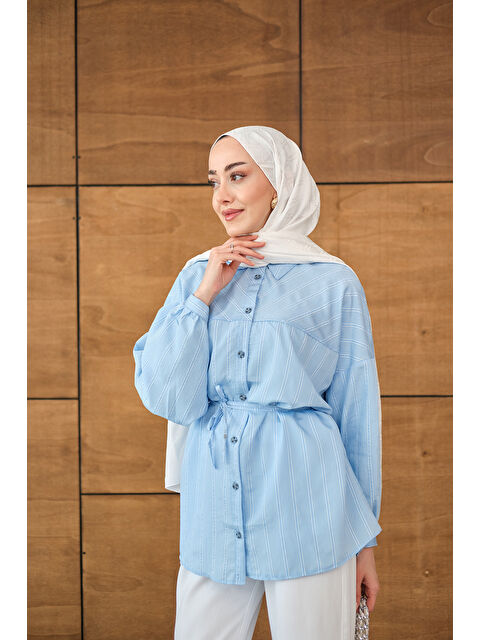 Locco Moda Kadın Çizgi Detaylı Salaş Gömlek Bebe Mavi - S000529908-3642